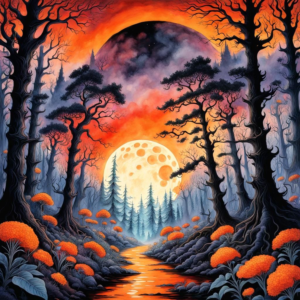 Gothic Forest in Watercolor, Tim Burton Style