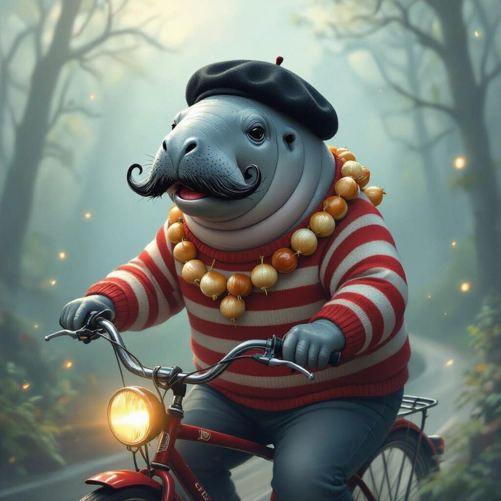 Manatee Cyclist with Onions and Beret in Fantasy Landscape