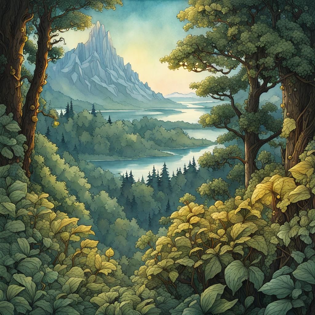 Fantastical Forest at Dusk in Watercolour Style