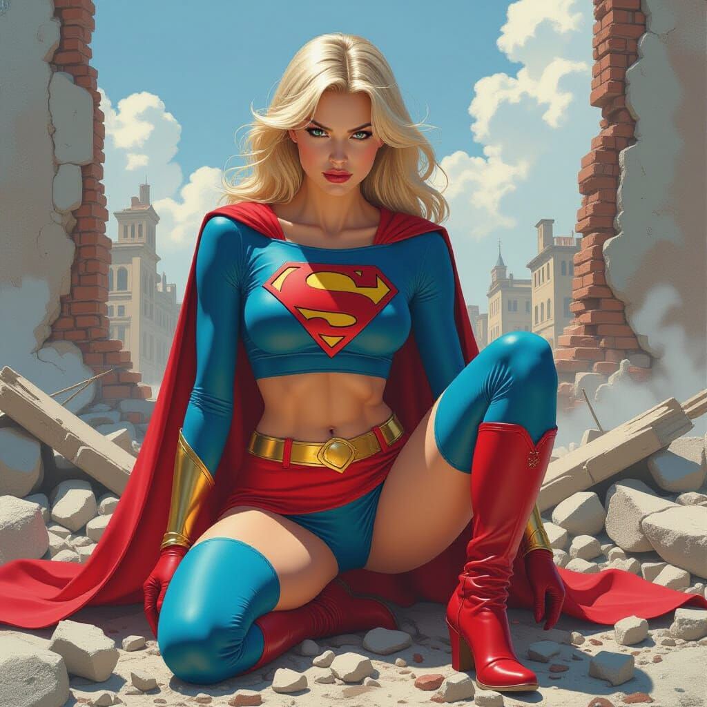 Supergirl Kneels in Rubble: Cinematic Oil Painting