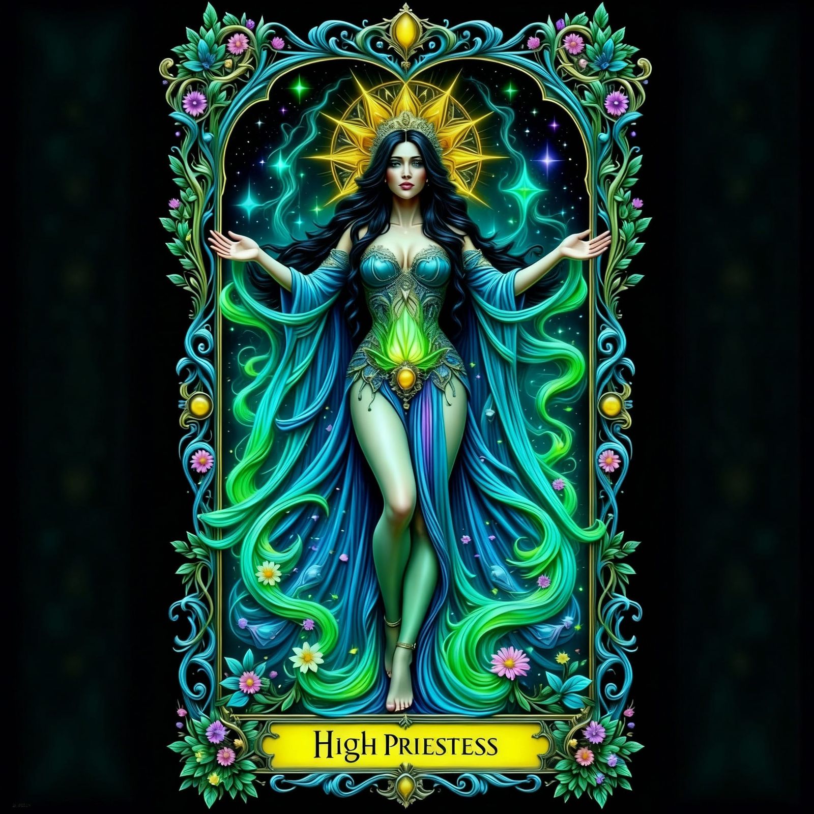 High Priestess Escaping Tarot Card in Bioluminescent Style