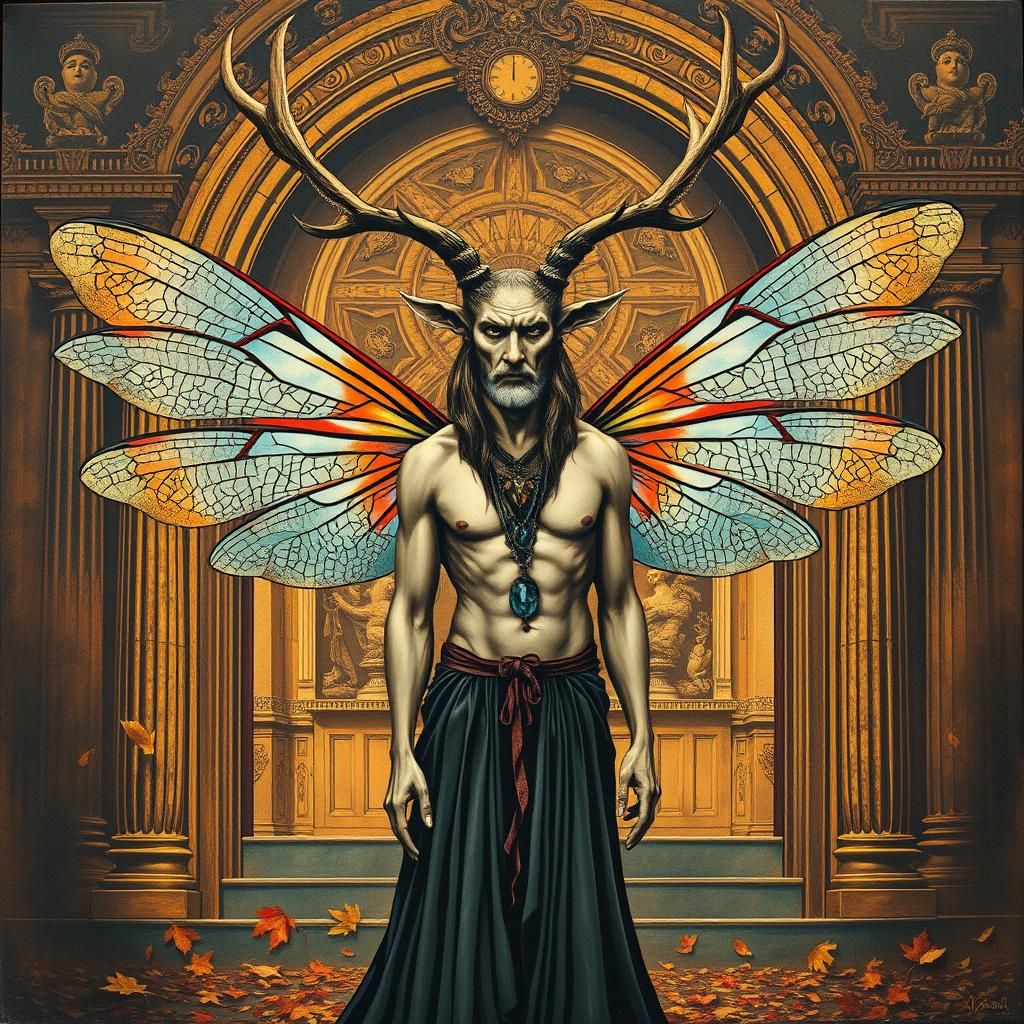 Autumn antlered god dragon fly winged fairy  altar piece by ...