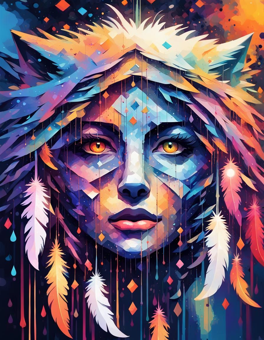 Abstract Wolf Dreamcatcher in Digital Cubist Style