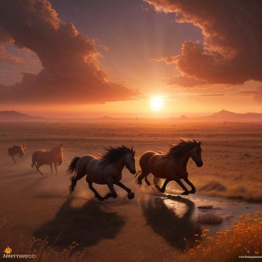 Wild Horses Run in Sunset Field: Fantasy Art