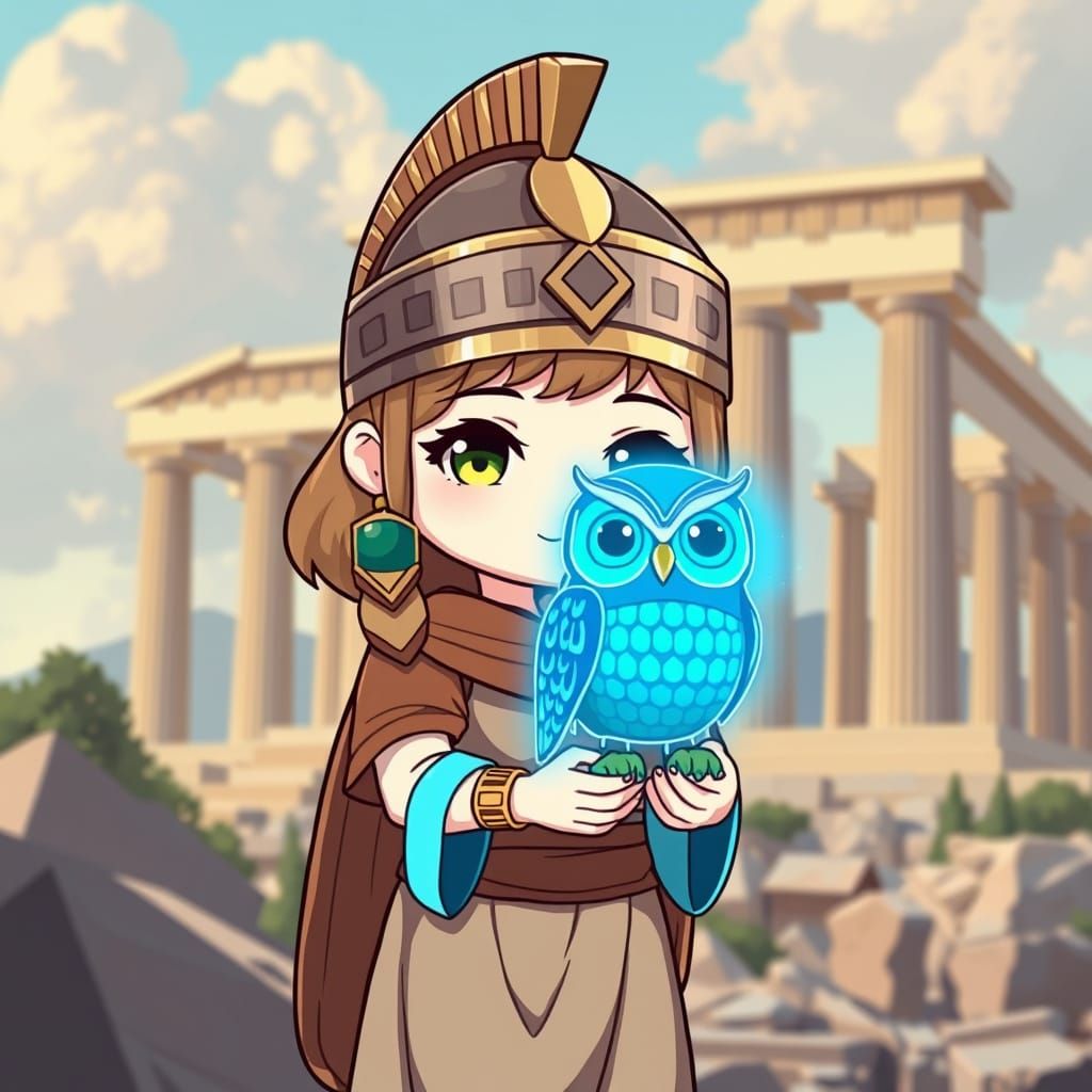 Goddess Athena in Chibi Anime Style with Ancient Corinthian ...