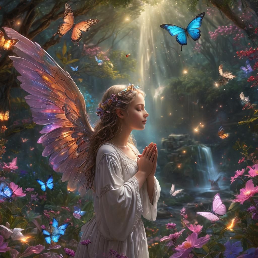 Spiritual angel with beautiful wings praying, glitter, Rhonda flowers, galaxy, butterfly's, hearts, sparkles, universe, ...