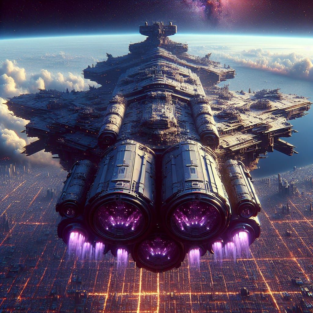 Imposing Dreadnought Spaceship Over Metropolis