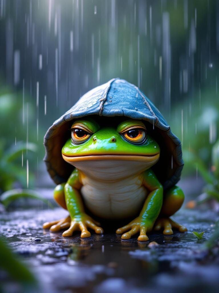 Grumpy Frog Sheltering from Rain: 3D Digital Art