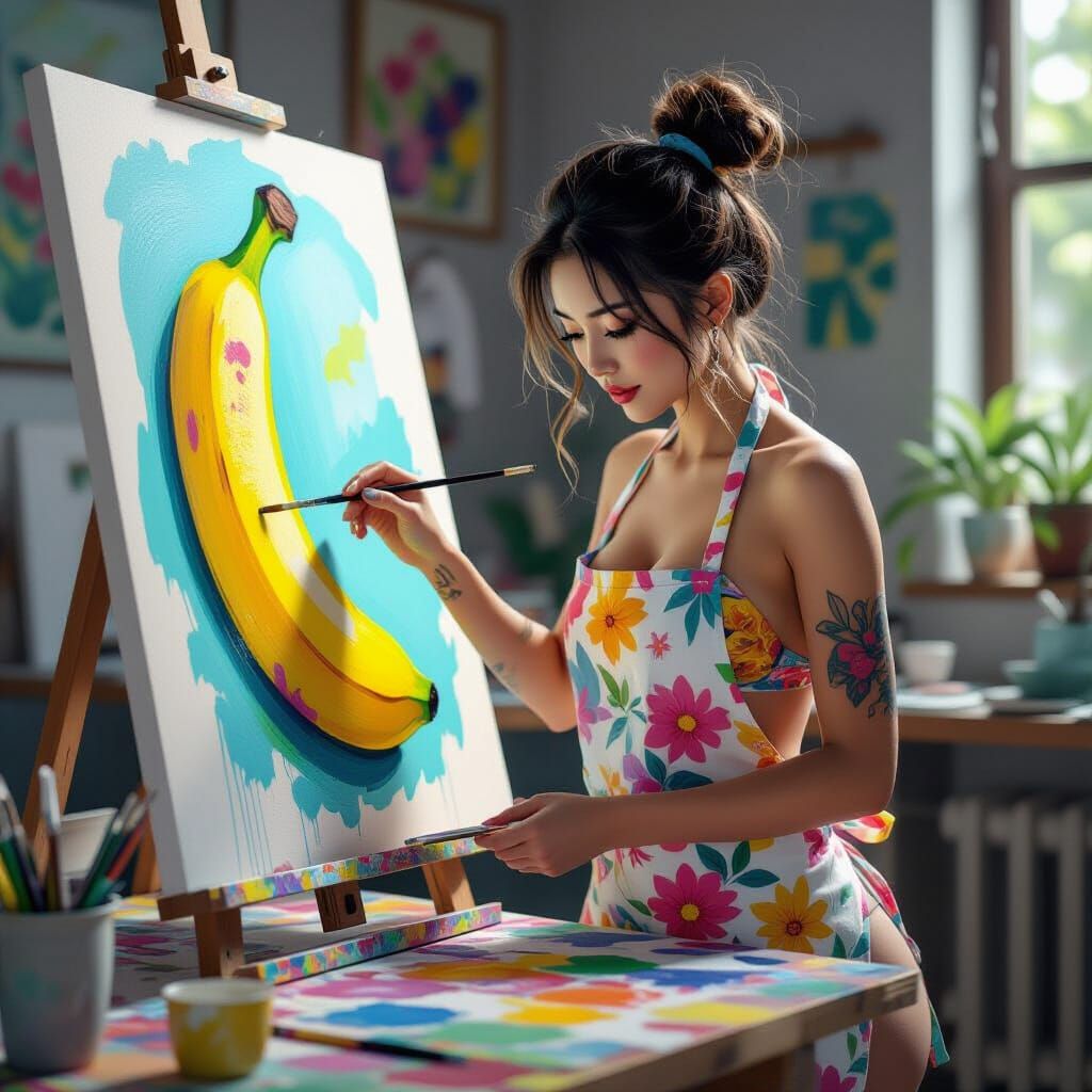 Asian Artist Painting Banana in Anime-Inspired 3D Art