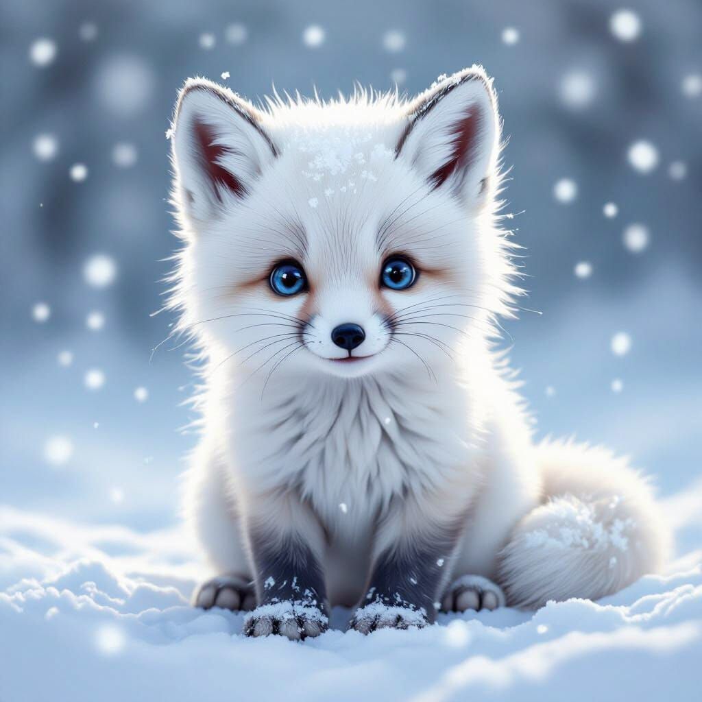 Adorable Arctic Fox Baby in Gentle Snowfall