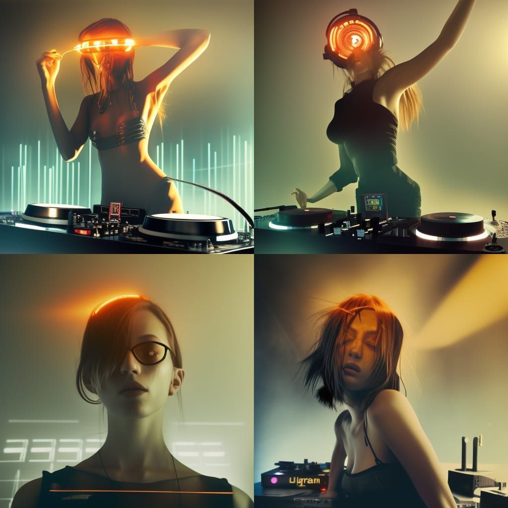 Cyberpunk DJ Burns Turntable with Dancing Crowd