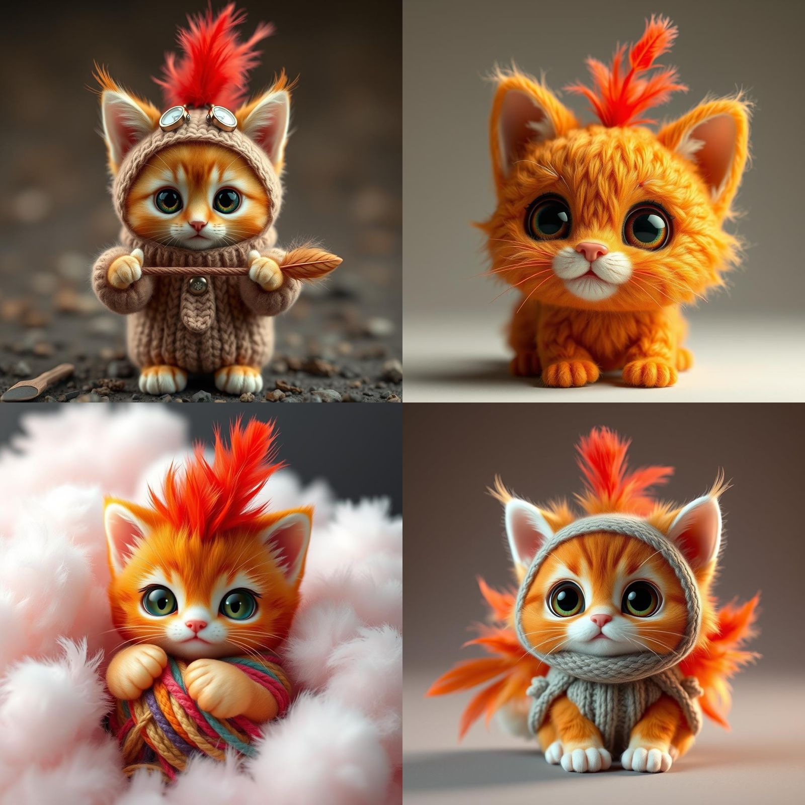 Cute Orange Yarn Cat with Feather Mohawk