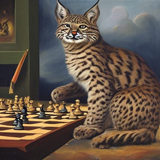 Bobcat Solving Chess Puzzle in Dramatic Oil Painting