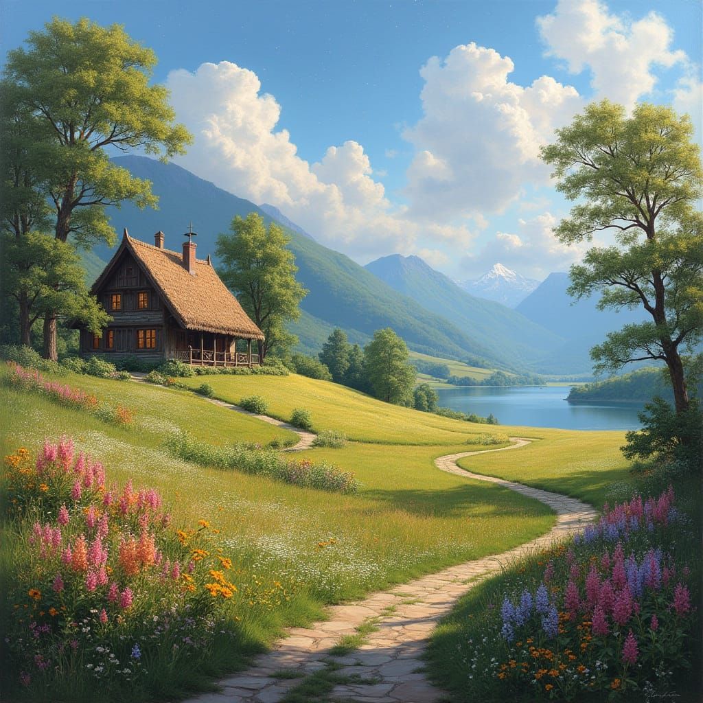 Idyllic Countryside Landscape Painting with Cottage