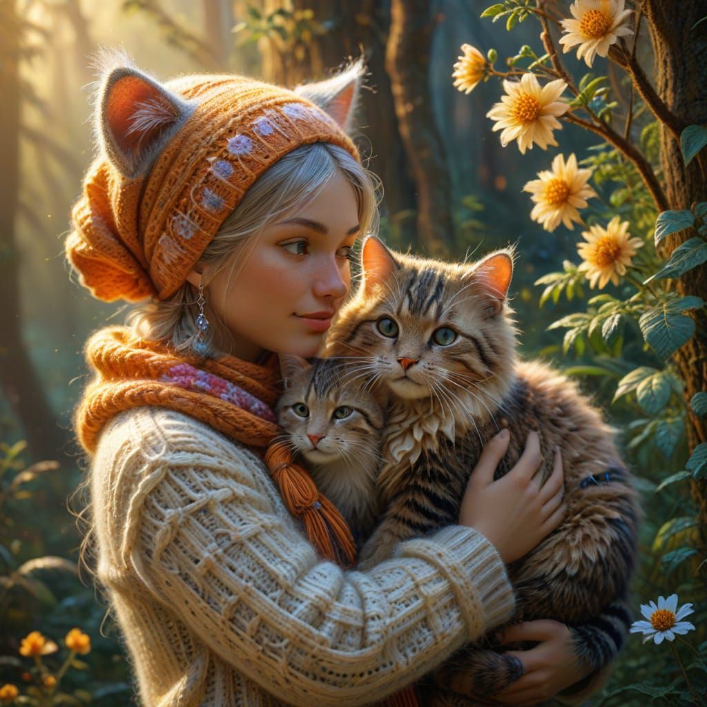 Knitted Girl Hugs Cat in Fantasy 3D Landscape