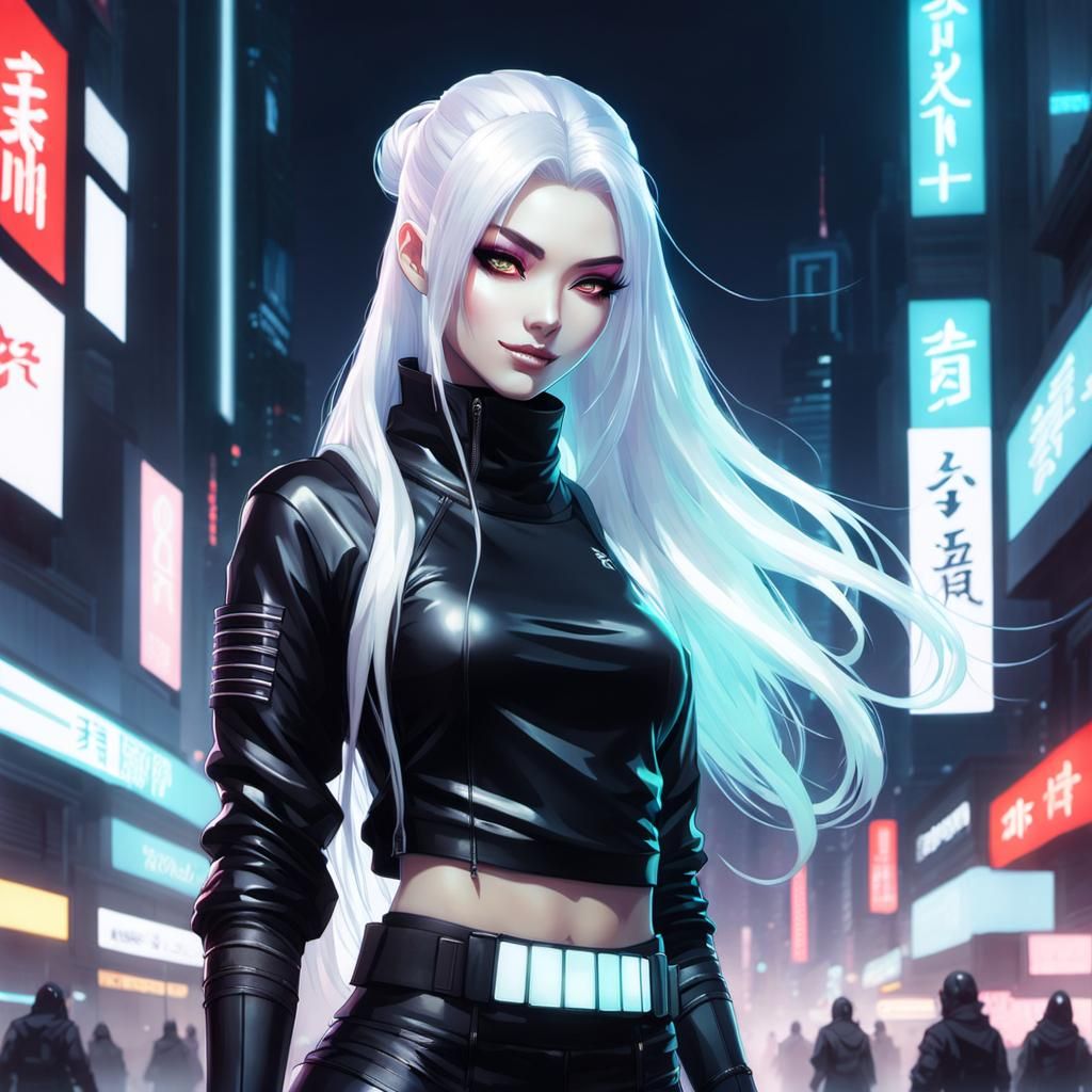 Ethereal Ninja Girl in Cyberpunk City, Digital Art