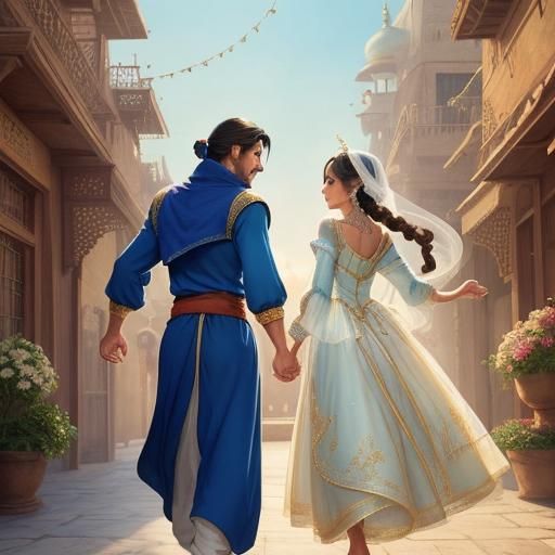 Jasmine and Aladdin in Agrabah: Fairy Tale Illustration
