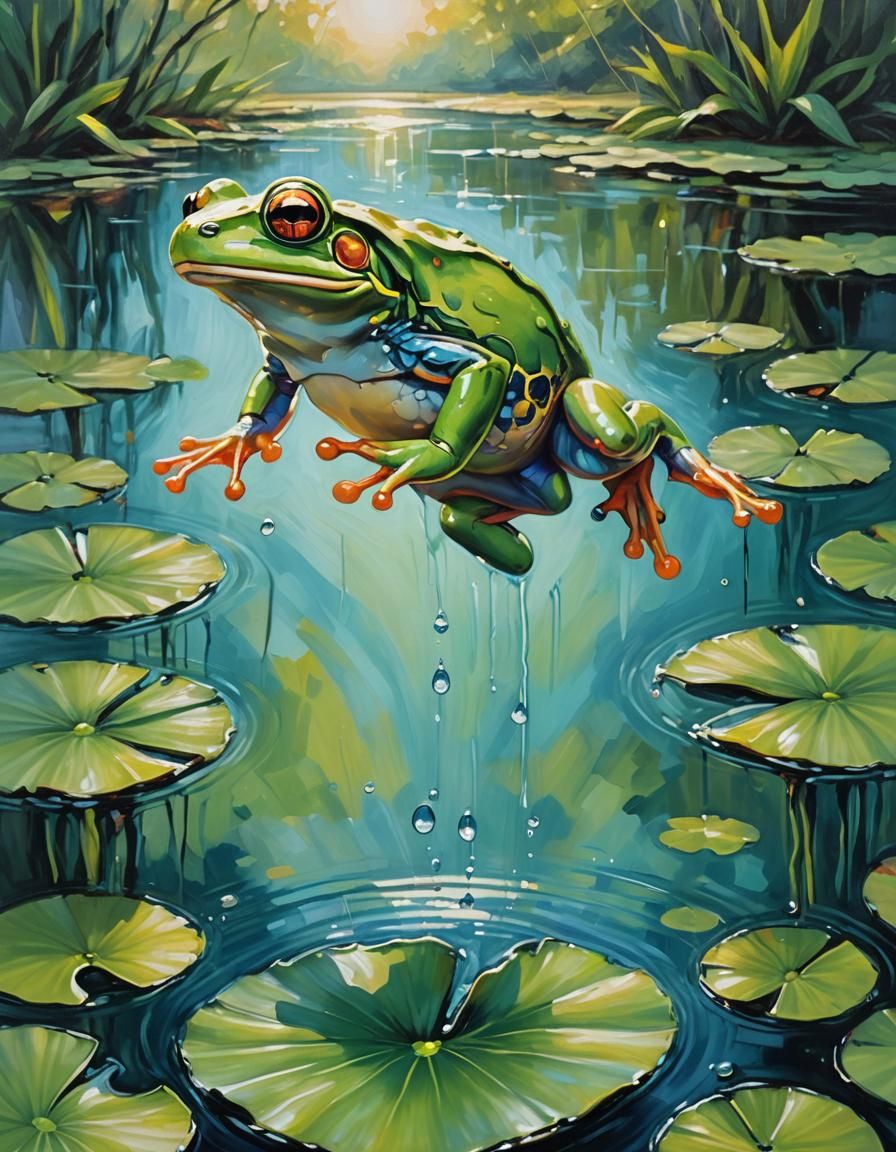 Green Tree Frog Leaping: Triadic Color Oil Painting