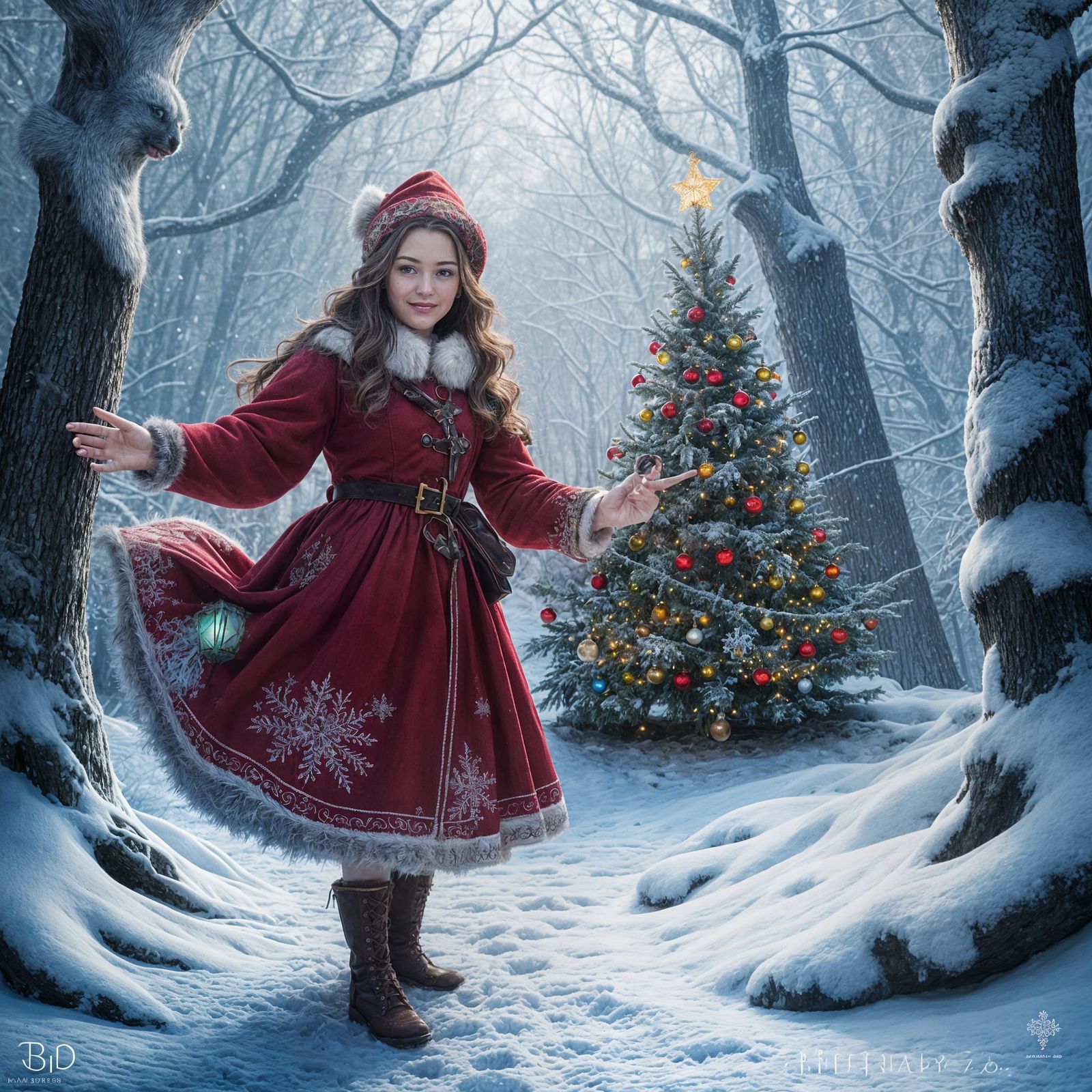 Whimsical Girl Enters Enchanted Christmas Forest in Vibrant....