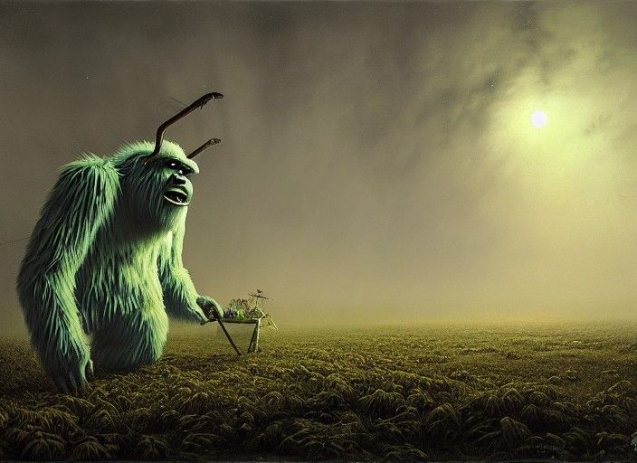 Giant Yeti Monster Holds Plane in Dark Marsh
