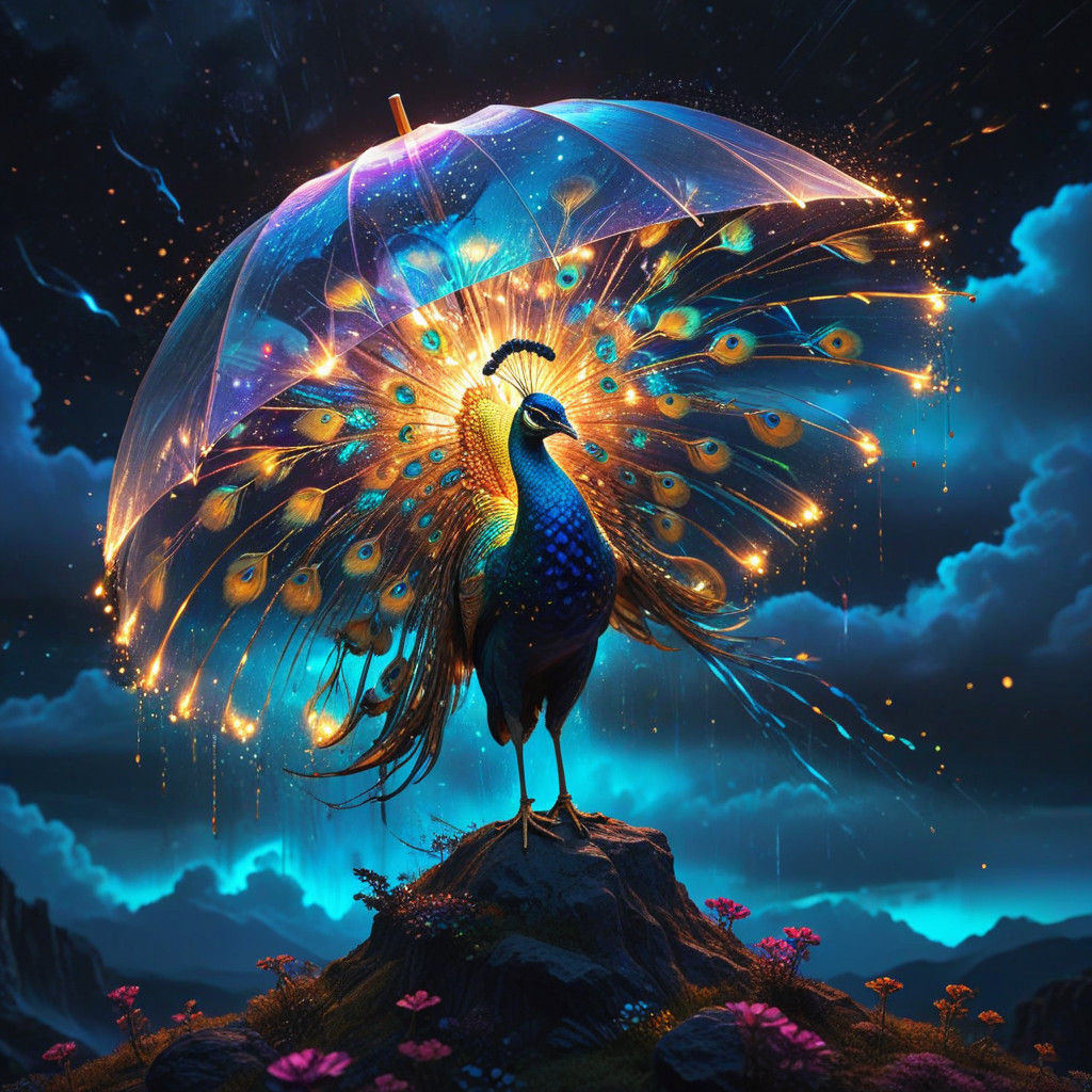 Golden Peacock in Cosmic Dreamscape with Glowing Umbrellas