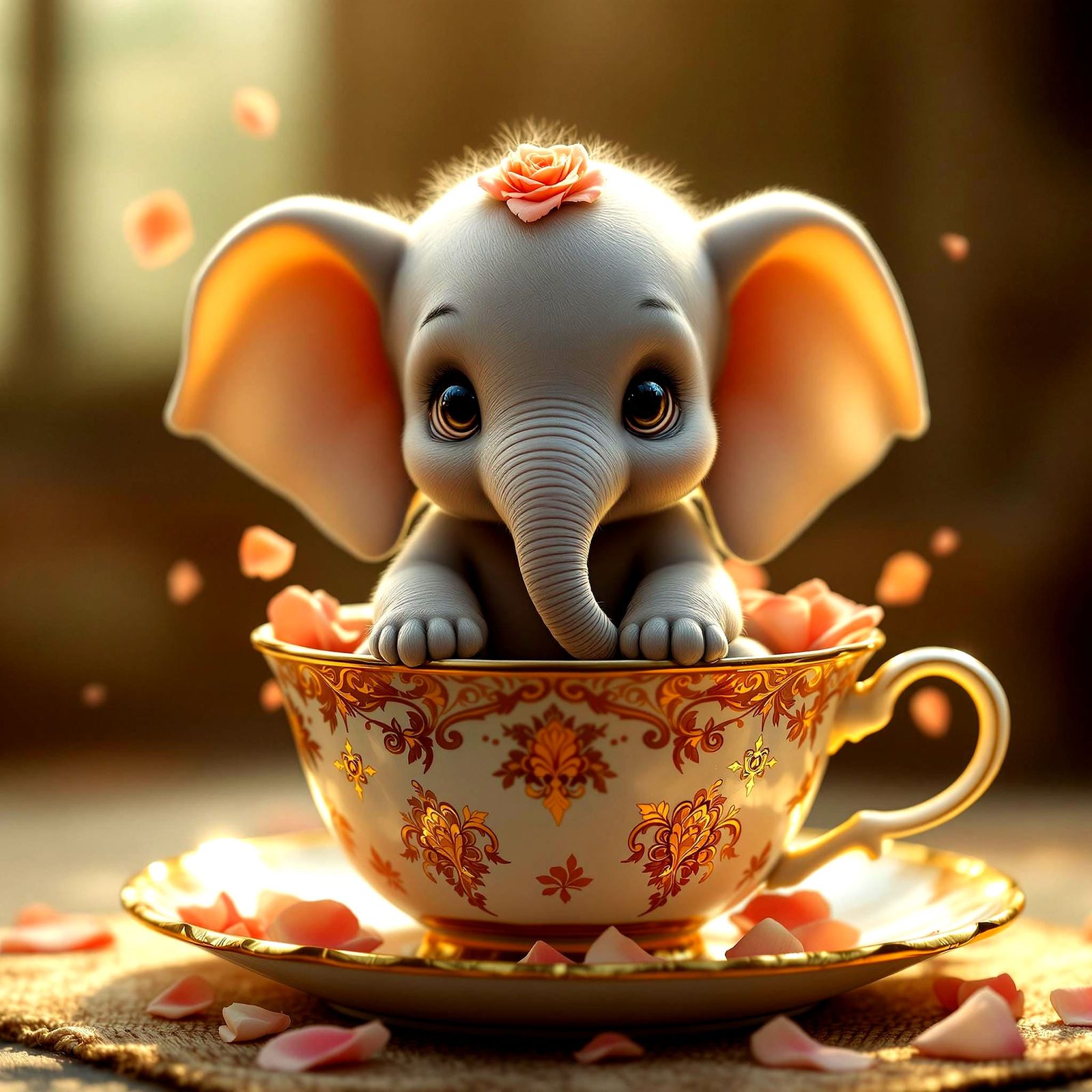 Adorable Dumbo Elephant Sits Serenely in a Rose Petal Teacup