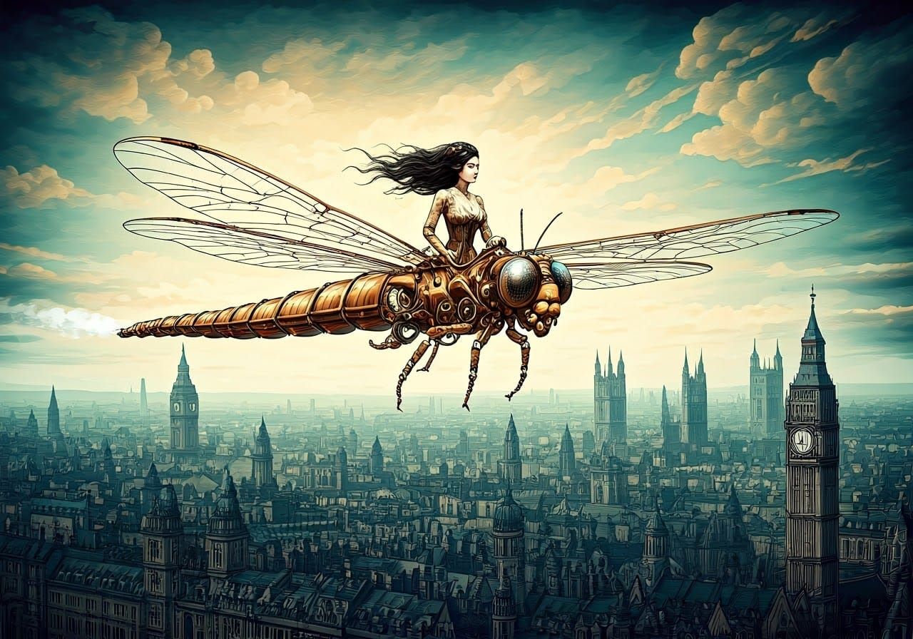 Majestic Steampunk Dragonfly Soars Above London