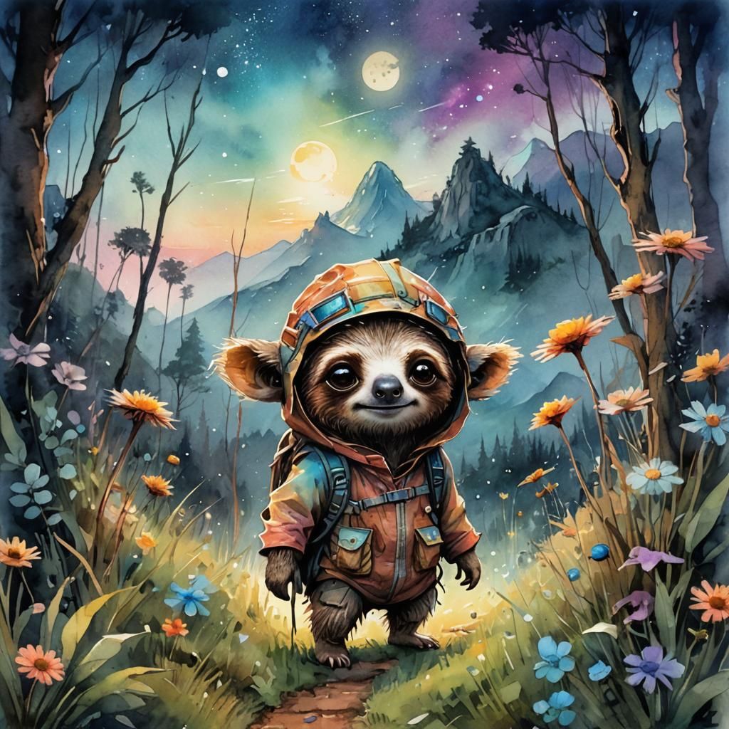 Chibi Sloth Hiker in Sci-Fi Meadow