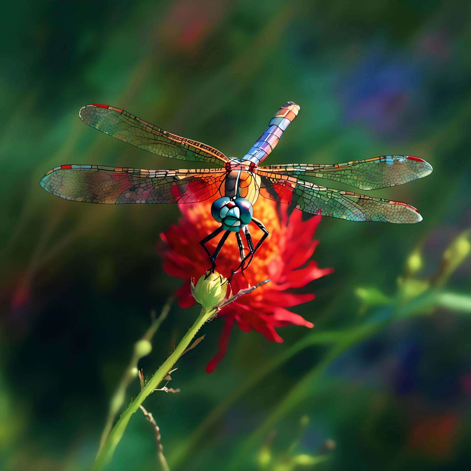 Watercolor Ghost Dragonfly and Spider in Web