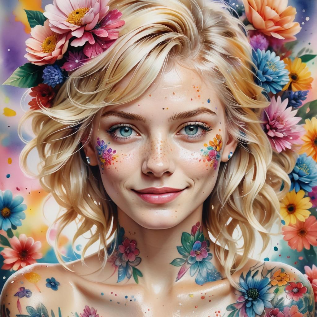 Vibrant Watercolor Portrait of a Blond Woman with Intricate...