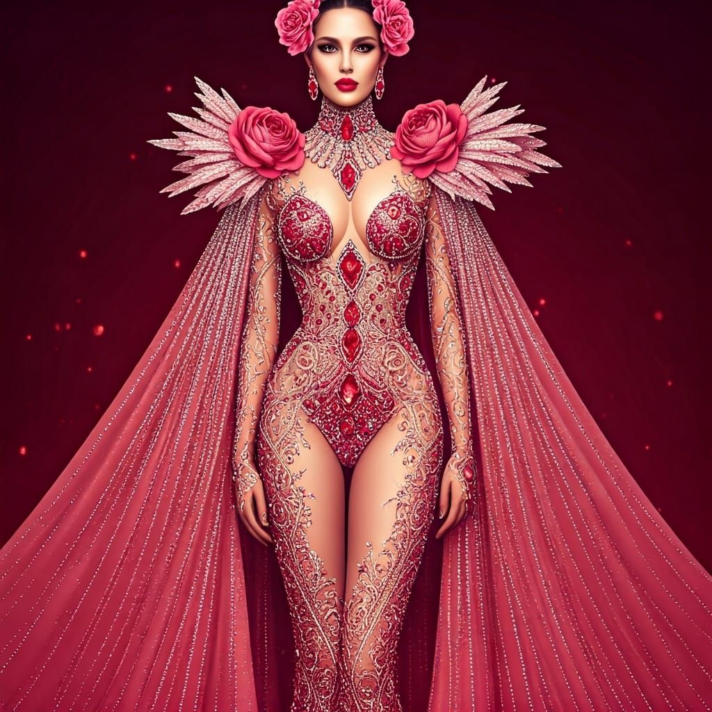 Photorealistic Woman Adorned in Rose-Red and Pink Jewels