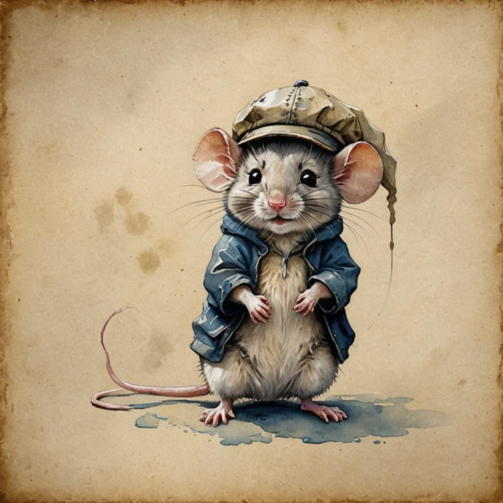 Fearless Mouse with Cap in Wet Wash Painting