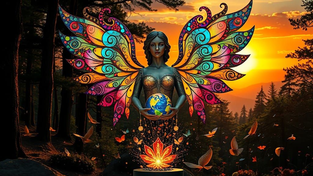 Surreal, Fragmented Goddess in Luminous Wings and Nature's H...
