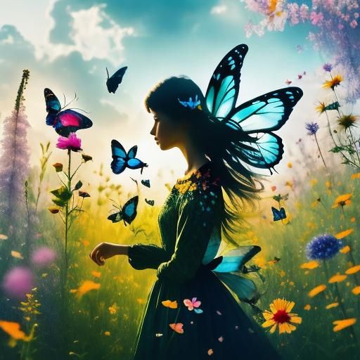 Fairy Silhouette Double Exposure Art with Butterflies