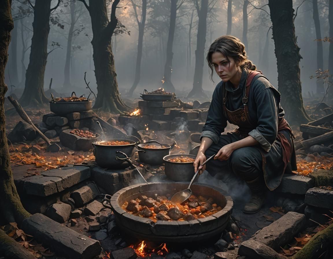 Stew Pit Cook in Dark Fantasy Forest