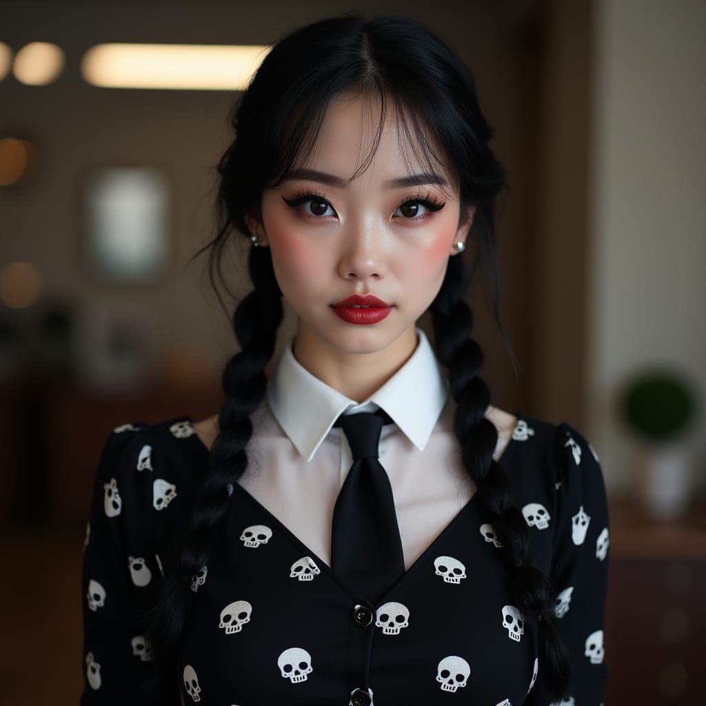 Gothic Secretary with Braided Pigtails and Skull Dress