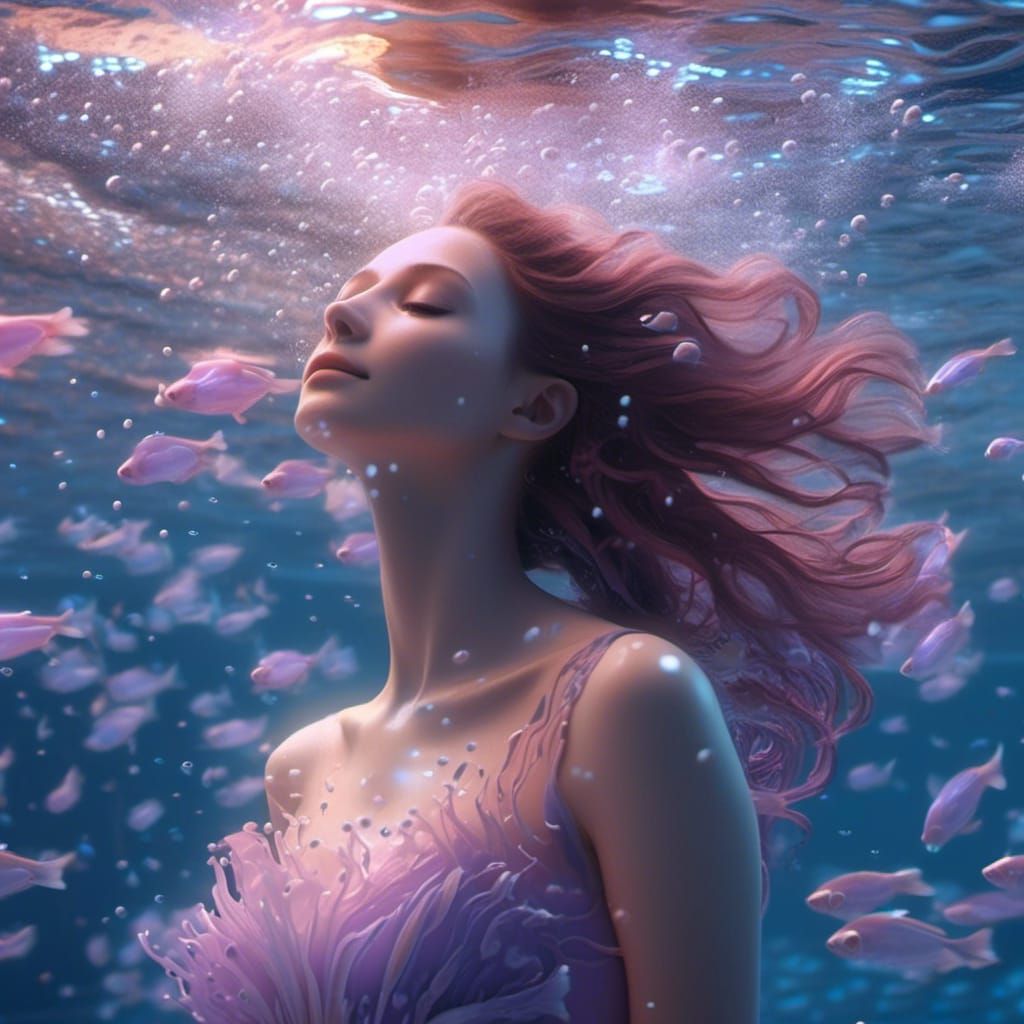 Underwater Woman in Purple Dress, Detailed Digital Art
