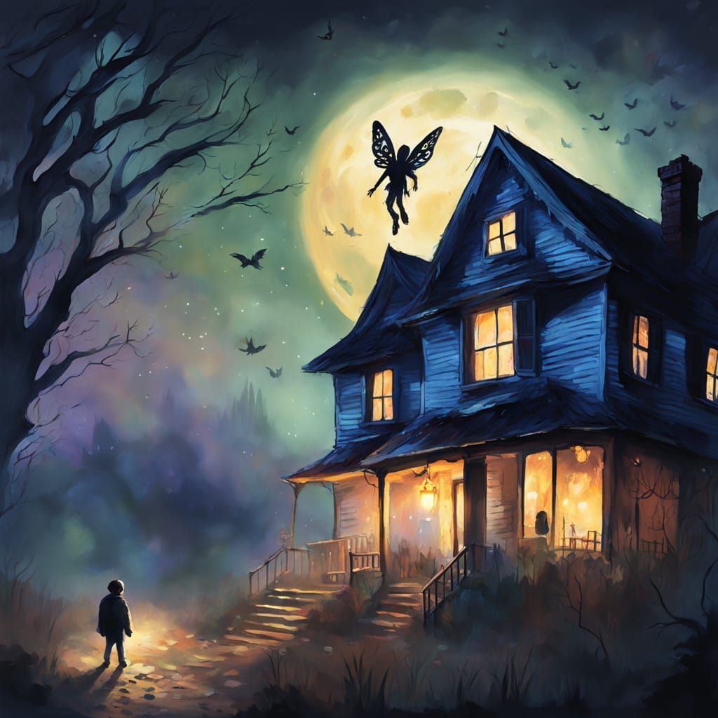 Whimsical Watercolor Scene of Tooth Fairy and Zombie in Drea...