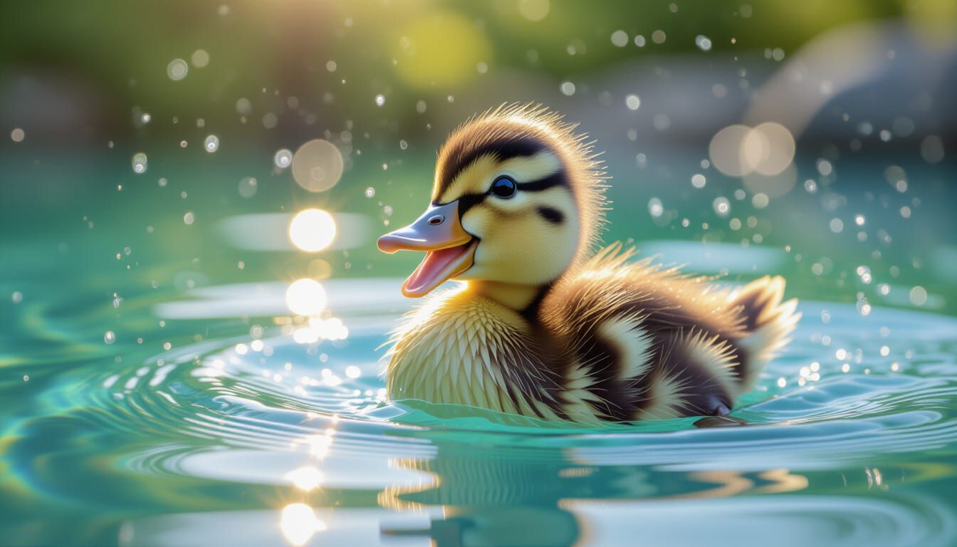Fluffy Duckling Splashing in Pond: HD Photo
