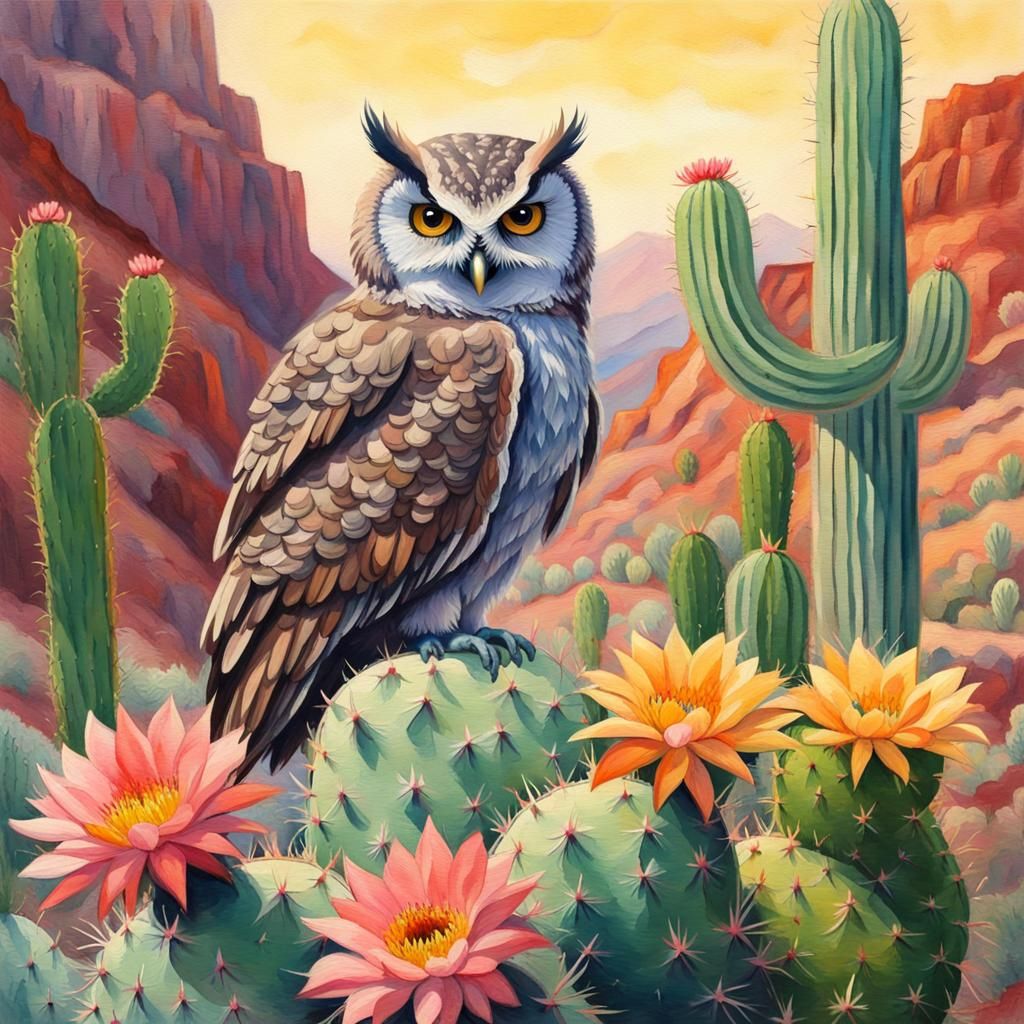 Owl on Cactus: Gouache Impressionist Canyon Scene