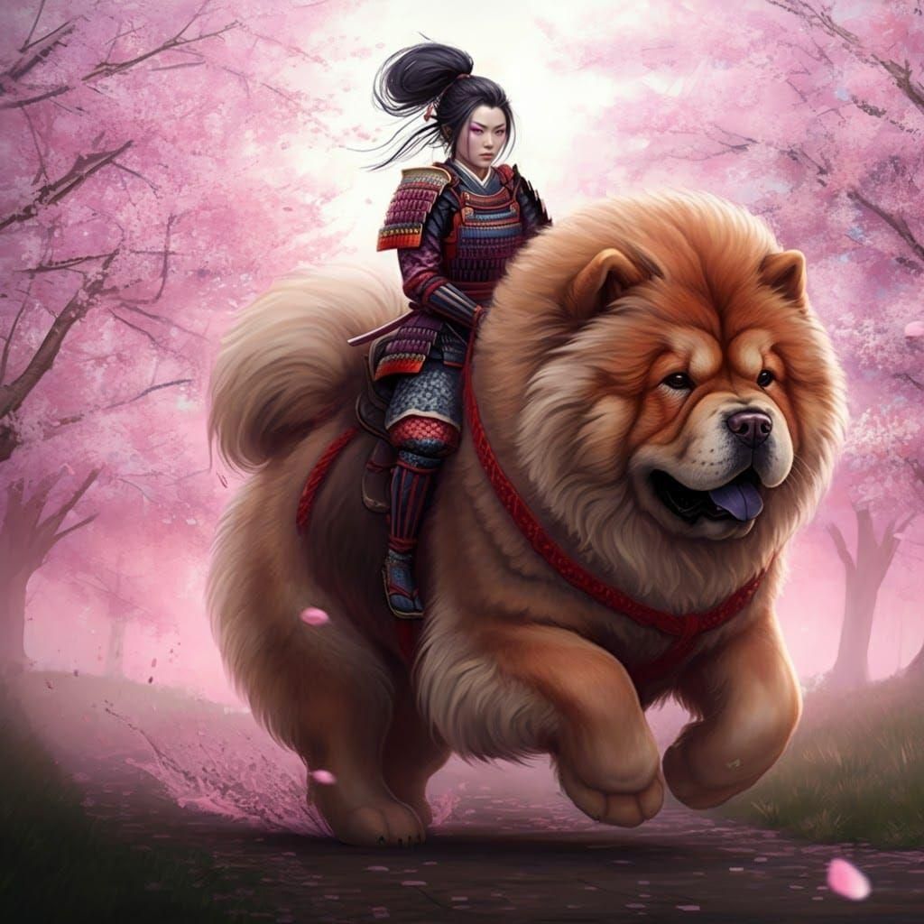 Samurai Woman Rides Giant Chow Chow Through Cherry Blossoms