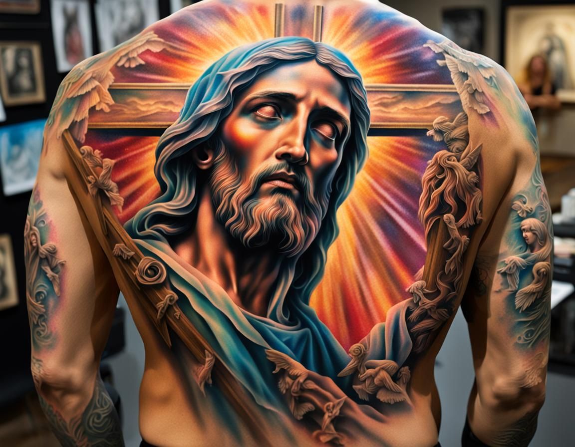 An intricate and highly detailed back tattoo of Christ on the cross and Mary weeping at his feet.  All around the tattoo...