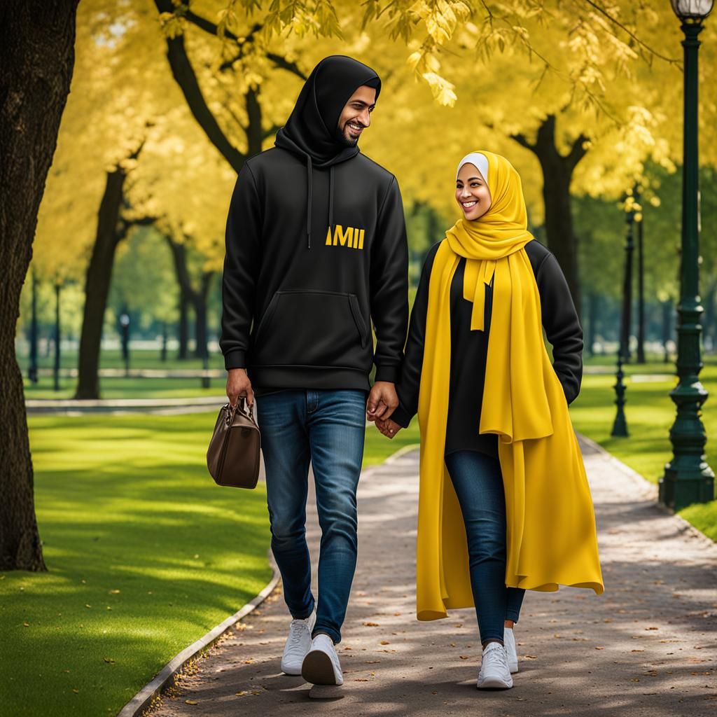 Muslim Couple Walking in Park, Detailed Matte Painting