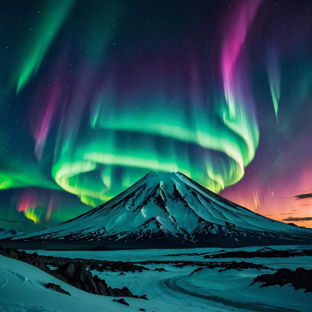 Dramatic Northern Lights Above Fiery Volcano