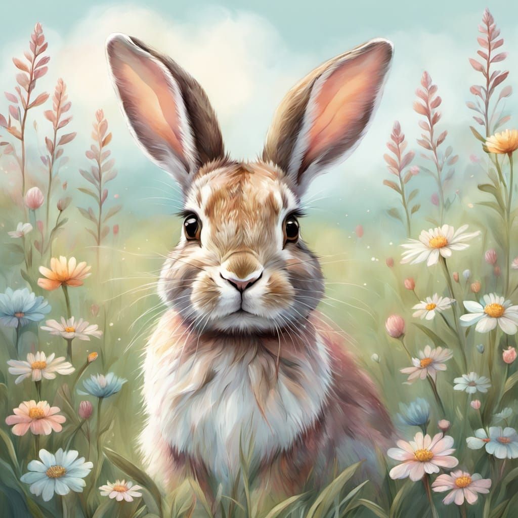 Whimsical Wildlife Masterpiece: Rabbit in Floral Meadow