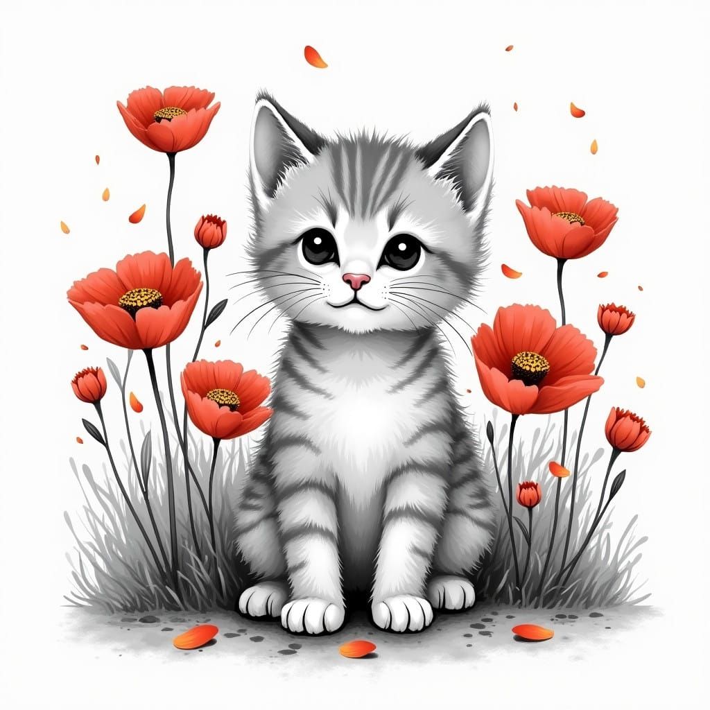 Whimsical Black-and-White Kitten in a Garden of Red Flowers