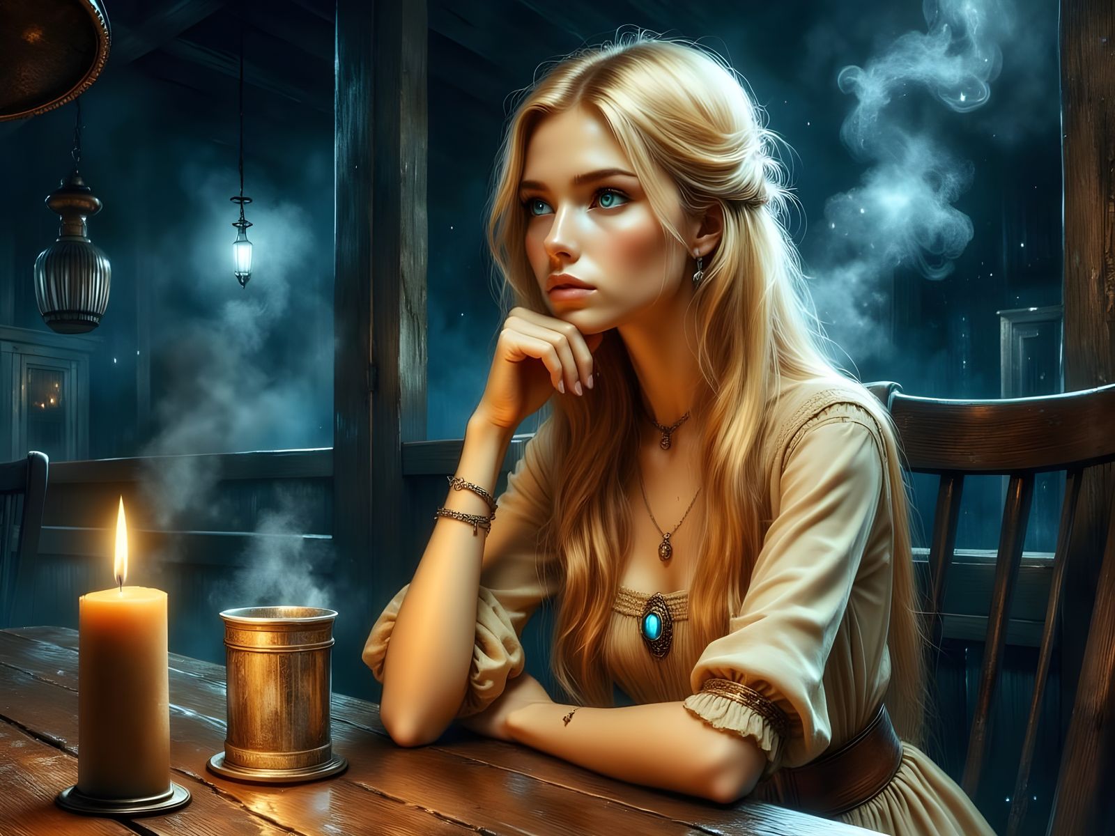 Norse Goddess Contemplates Fate in Smoky Tavern