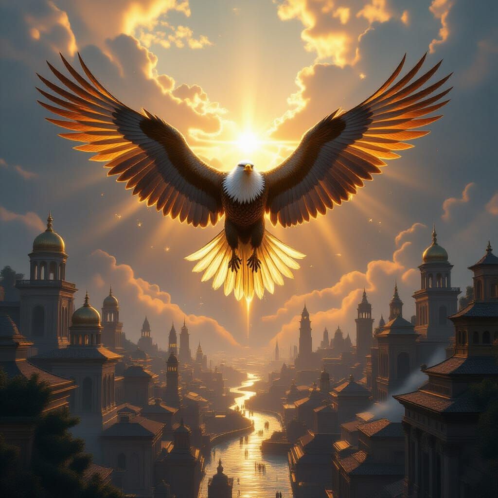 Divine Eagle Judges Futuristic City in Hyperrealistic Art