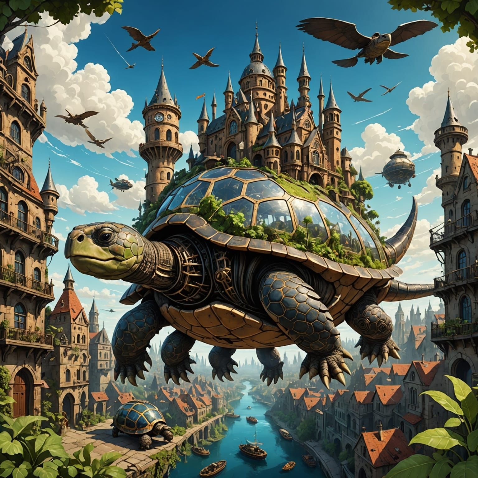 Cityscape on a Tortoise Shell in Matte Painting Style