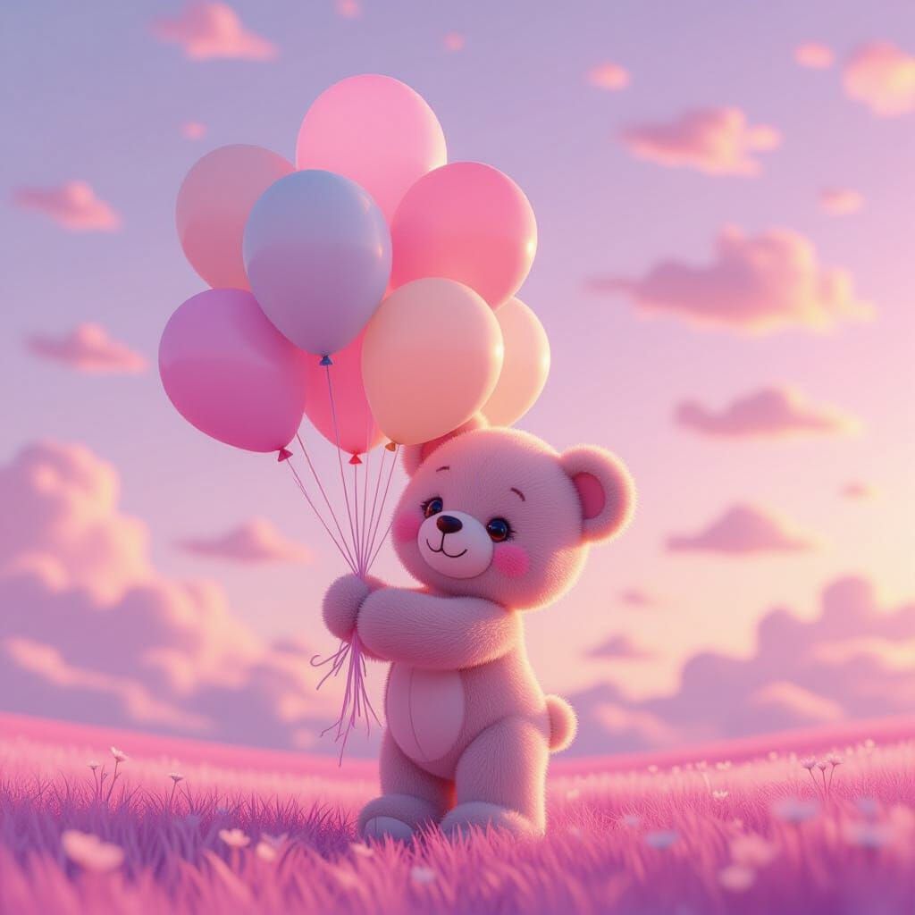 Kawaii Teddy Bear with Pastel Balloons in Lavender Sky